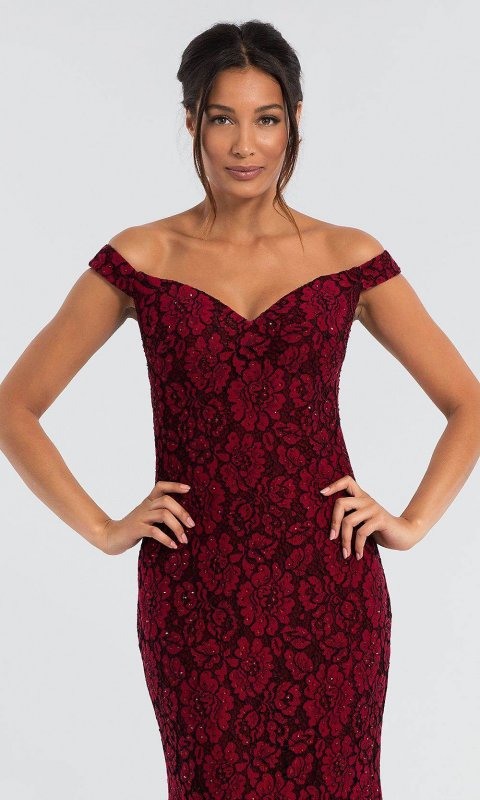 Glitter-Lace Long MOB Off-the-Shoulder Dress JO-53208