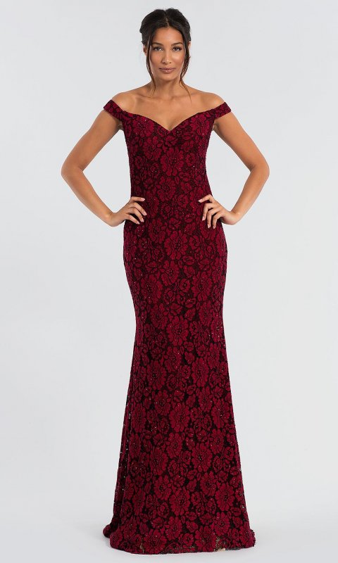 Glitter-Lace Long MOB Off-the-Shoulder Dress JO-53208