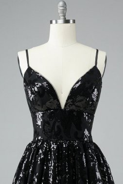 Glitter Black Lace Sequins Homecoming Dress E202283193