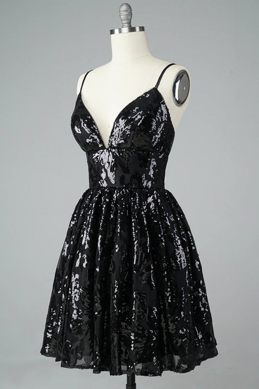 Glitter Black Lace Sequins Homecoming Dress E202283193