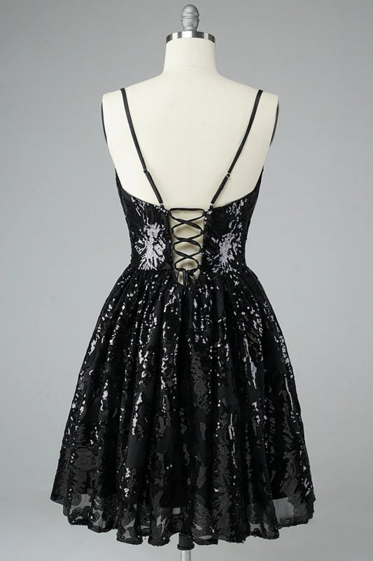 Glitter Black Lace Sequins Homecoming Dress E202283193