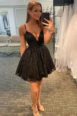 Glitter Black Lace Sequins Homecoming Dress E202283193