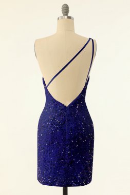Royal Blue One Shoulder Sequins Tight Homecoming E202283197