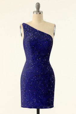 Royal Blue One Shoulder Sequins Tight Homecoming E202283197