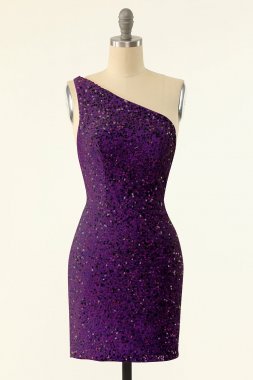 Purple One Shoulder Sequins Homecoming Dress E202283195