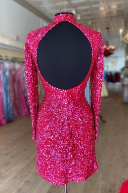 Sheath High Neck Fuchsia Sequins Homecoming Dress with Long Sleeves E202283205