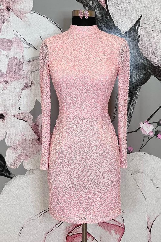 Sheath High Neck Fuchsia Sequins Homecoming Dress with Long Sleeves E202283205