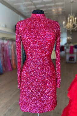 Sheath High Neck Fuchsia Sequins Homecoming Dress with Long Sleeves E202283205