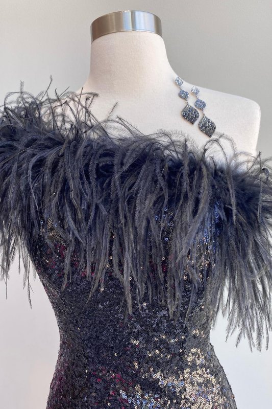 Bodycon One Shoulder Black Sequins Homecoming Dress with Feather E202283204