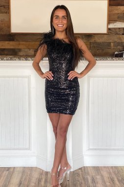 Bodycon One Shoulder Black Sequins Homecoming Dress with Feather E202283204