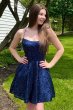 A Line Halter Navy Sequins Short Homecoming Dress with Criss Cross Back E202283203