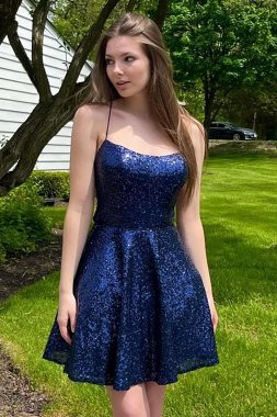 A Line Halter Navy Sequins Short Homecoming Dress with Criss Cross Back E202283203