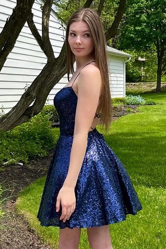 A Line Halter Navy Sequins Short Homecoming Dress with Criss Cross Back E202283203