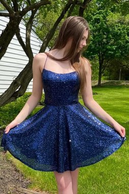 A Line Halter Navy Sequins Short Homecoming Dress with Criss Cross Back E202283203