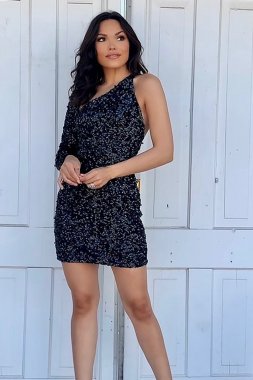 Sheath One Shoulder Black Sequins Short Homecoming Dress E202283202