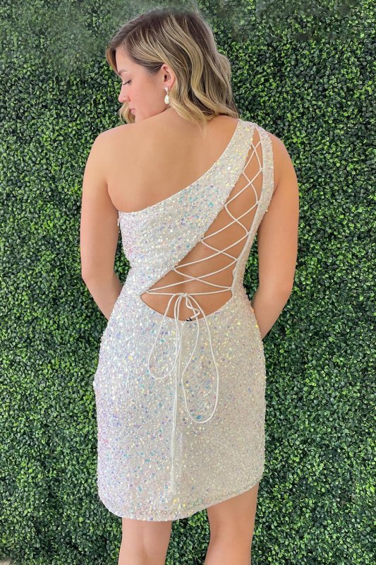 Sheath One Shoulder White Sequins Short Homecoming Dress E202283201