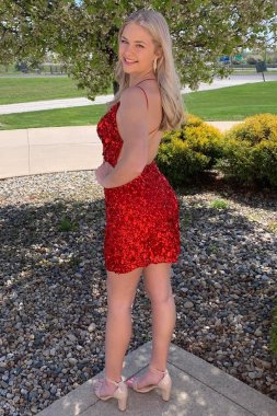 Sheath V Neck Red Sequins Homecoming Dress with Criss Cross Back E202283200