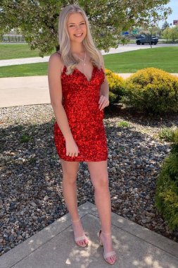 Sheath V Neck Red Sequins Homecoming Dress with Criss Cross Back E202283200