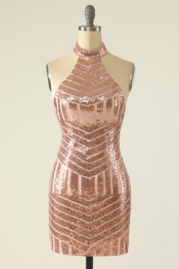 Halter Blush Sequins Fitted Homecoming Dress E202283209