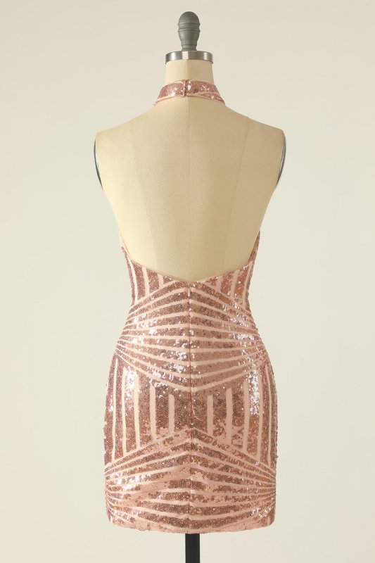 Halter Blush Sequins Fitted Homecoming Dress E202283209