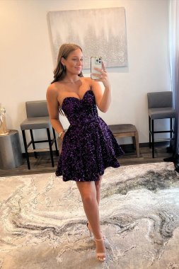 A Line Sweetheart Purple Sequins Short Homecoming Dress E202283657