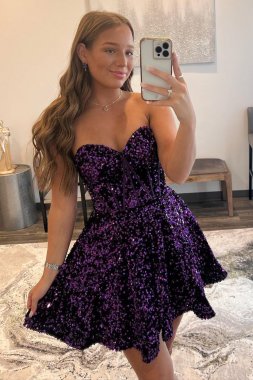A Line Sweetheart Purple Sequins Short Homecoming Dress E202283657