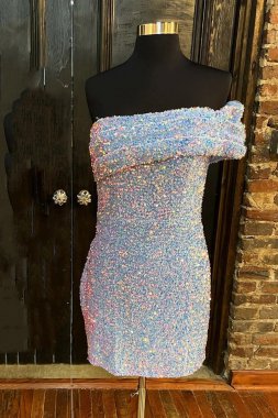 Sheath One Shoulder Blue Sequins Short Homecoming Dress E202283660