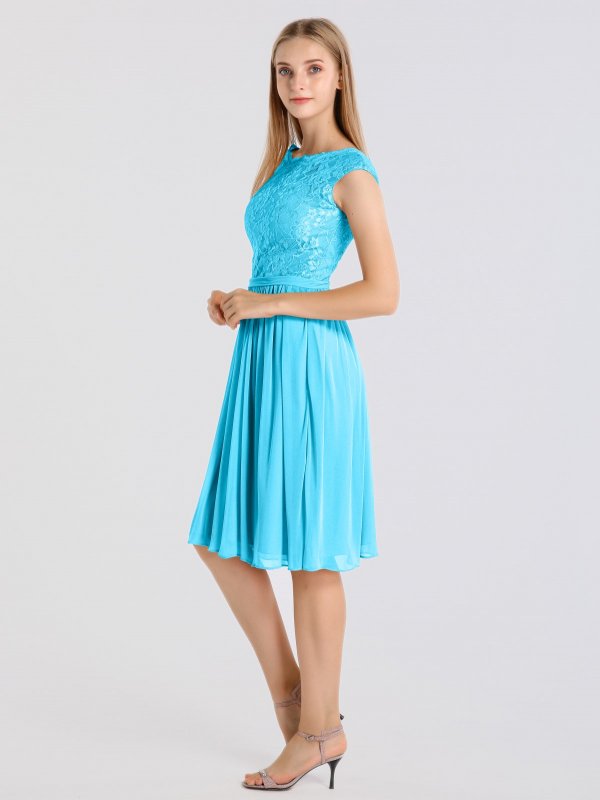 Short Bateau Neckline Cap Sleeve Metallic Lace and Mesh Dress AB202132