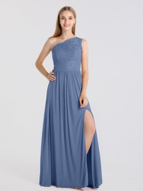 Long One Shoulder Metallic Mesh Bodice and Mesh Skirt Dress AB202052