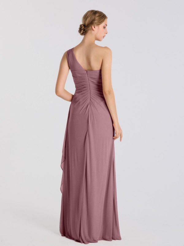 Long One Shoulder Asymmetric Neckline Mesh Bridesmaid Dress AB202099