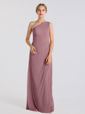 Long One Shoulder Asymmetric Neckline Mesh Bridesmaid Dress AB202099