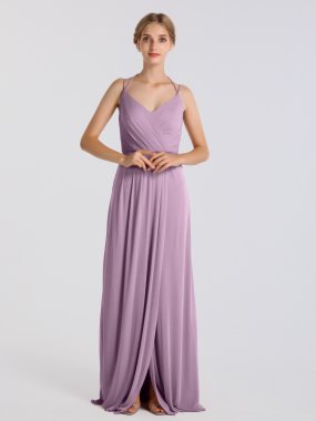Double Skinny Straps V-neck Mesh Bridesmaid Dress with Front Slit AB202064