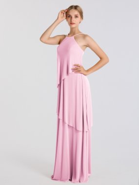 Long Waterfall Tier Halter Neck Soft Mesh Bridesmaid Dress AB202114