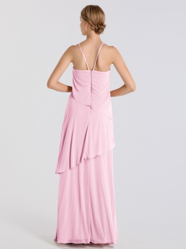 Long Waterfall Tier Halter Neck Soft Mesh Bridesmaid Dress AB202114