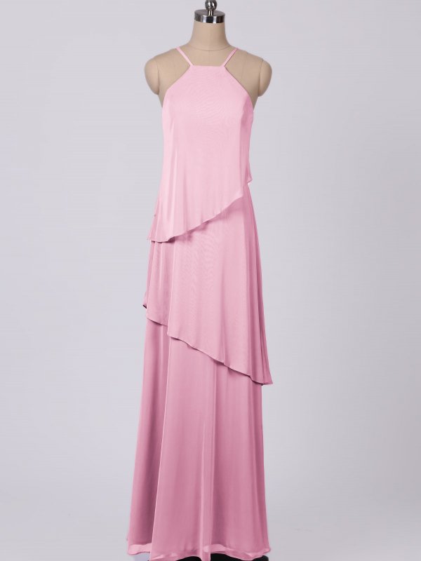 Long Waterfall Tier Halter Neck Soft Mesh Bridesmaid Dress AB202114