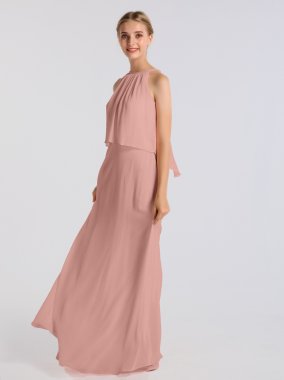 Long Sheath Flounced Halter Crinkle Chiffon Bridesmaid Gown AB202107