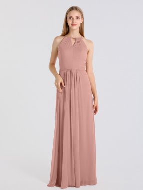 Halter High-Neck Long Mesh Bridesmaid Dress with Keyhole Back AB202050