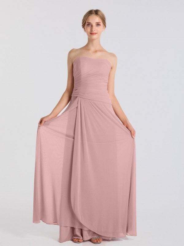 Strapless Cascade Long Mesh Asymmetrical Ruching Bridesmaid Dress AB202151