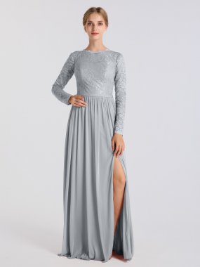 Floor Length Long Sleeves Metallic Lace and Mesh Skirt Dress AB202047