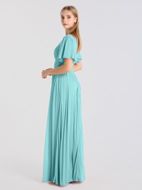 Long A-line Flutter Sleeve Crisscross Mesh Bridesmaid Dress AB202055