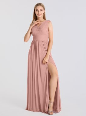 Long Pleated Tank V Neckline Mesh Dress for Bridesmaids AB202102