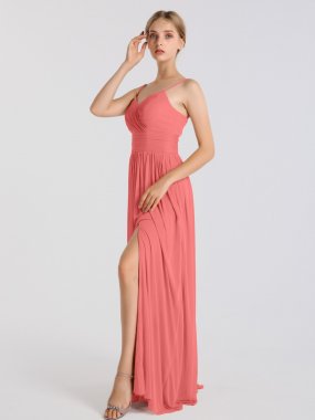 Spaghetti Strap Ruched Waist Mesh Bridesmaid Dress with Slit AB202149