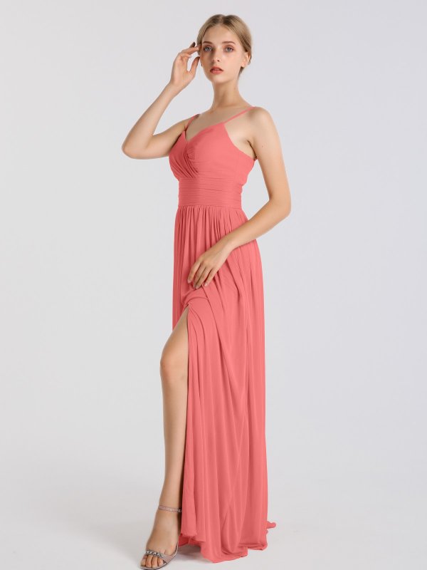 Spaghetti Strap Ruched Waist Mesh Bridesmaid Dress with Slit AB202149