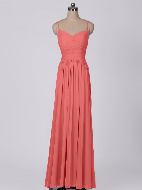 Spaghetti Strap Ruched Waist Mesh Bridesmaid Dress with Slit AB202149