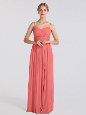 Spaghetti Strap Ruched Waist Mesh Bridesmaid Dress with Slit AB202149