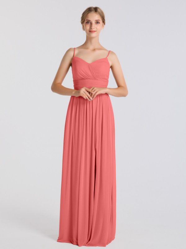 Spaghetti Strap Ruched Waist Mesh Bridesmaid Dress with Slit AB202149