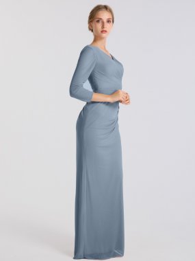 Floor Length V Neck Ruched Mesh 3/4-Sleeve Bridesmaid Dress AB202070