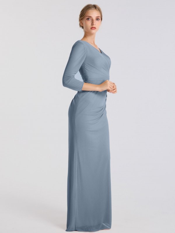 Floor Length V Neck Ruched Mesh 3/4-Sleeve Bridesmaid Dress AB202070