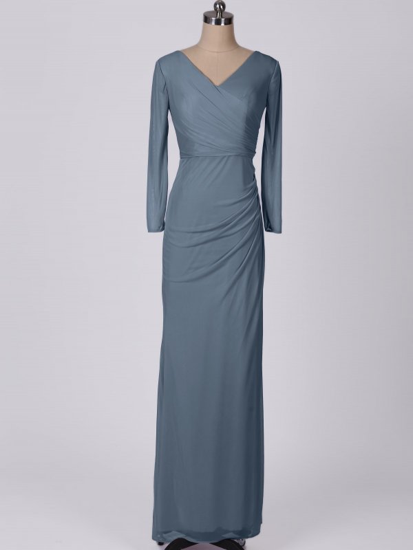 Floor Length V Neck Ruched Mesh 3/4-Sleeve Bridesmaid Dress AB202070