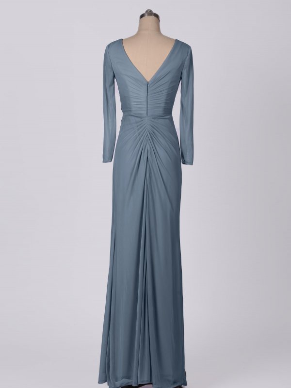 Floor Length V Neck Ruched Mesh 3/4-Sleeve Bridesmaid Dress AB202070